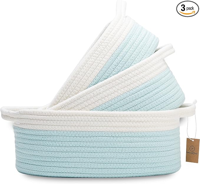 NaturalCozy 3-Piece Oval Storage Basket Set–Cotton Rope Woven Baskets for Storage, Gift Basket Empty, Toy Basket, Soft Baby Basket for Nursery, Cat Dog Toy Baskets, Small Basket (Off White Turquoise)
