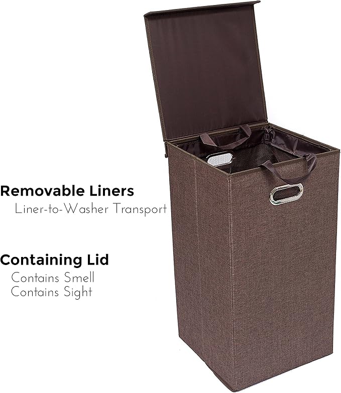 BirdRock Home Single Laundry Hamper with Lid and Removable Liner | Linen | Easily Transport Laundry | Foldable Hamper | Cut Out Handles