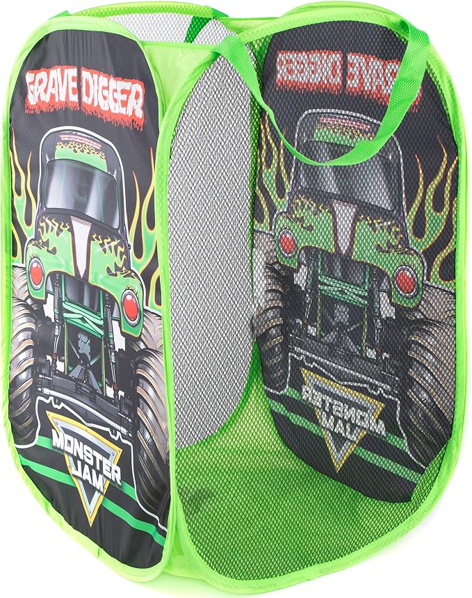 Jay Franco Monster Jam Grave Digger Pop Up Hamper - Mesh Laundry Basket/Bag with Durable Handles