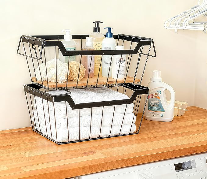 ShabbyDecor Metal Wire Basket with Handles Storage Organizer Stackable Organizing bins for Cabinet Shelf Countertop Under Sink Pantry for Kitchen,Bathroom,Laundry Closet,Set of 2pcs