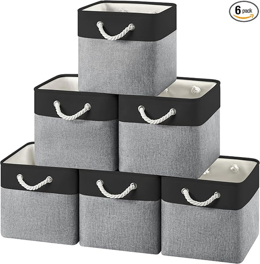 12x12 Storage Cube Bins, 6 Pack Reinforced Bottom Cardboard Foldable Box, Organizer for Closet Shelves, Heavy Home Storage Baskets (Black Gray)
