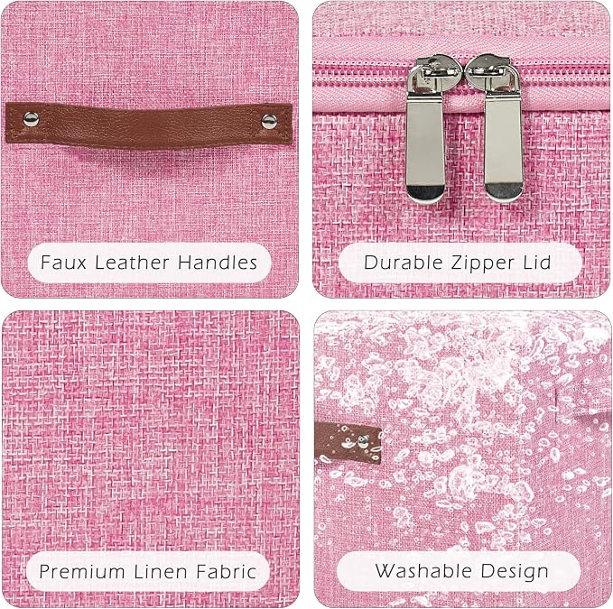 2 Pack Storage Bins with Zipper Lid Cotton Linen Fabric Lidded Storage Baskets Boxes Foldable Washable Closet Shelf Clothes Organizer Container with PU Leather Handles (Pink, Small)
