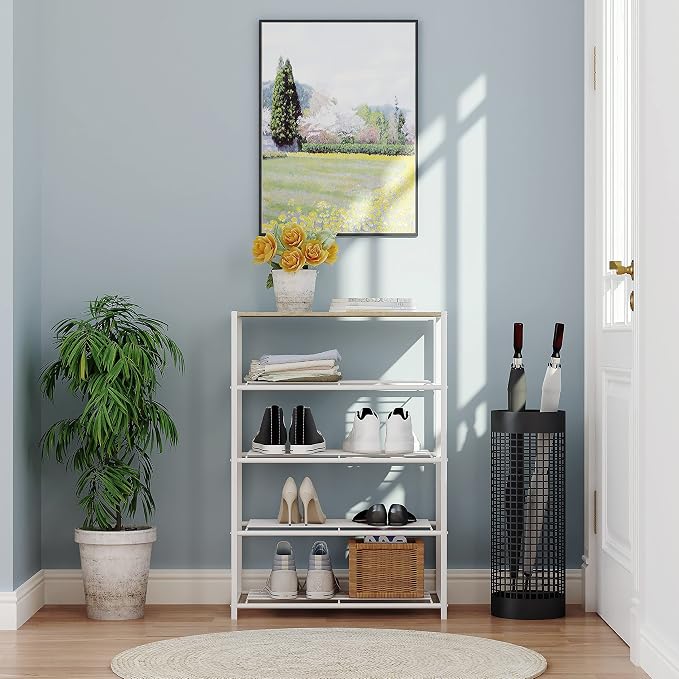 Yusong Shoe Rack Organizer, 5 Tier Industrial Shoe Storage Shelf, Narrow Sturdy Metal Shoe Shelves for Closet Entryway, White
