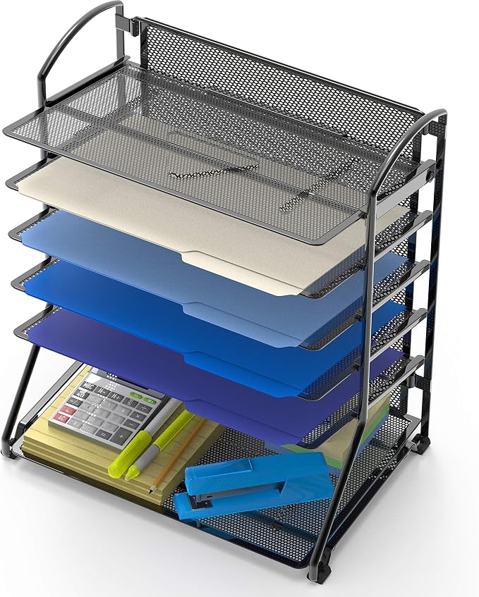 Simple Houseware 6-Tier Desk Organizer & Sliding Paper Tray - Space-Saving Desktop File Holder for Letter & Document Sorting, Black, 2-Pack