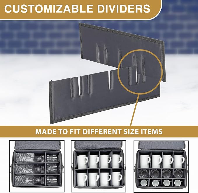 2 Pack - China Cup Storage Chests Hold 24 Coffee Cups or Mugs – Stackable Glassware Organizer with Customizable Dividers and Inner Case for Extra Protection – Gray