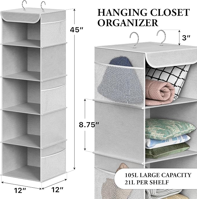 Simple Houseware 5 Shelf Hanging Closet Organizer, Gray