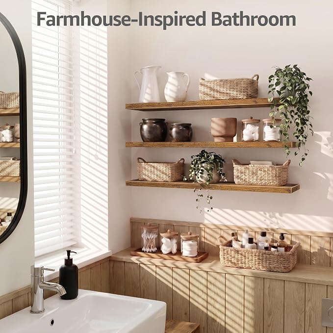 QEEIG 12" Deep Floating Shelves for Wall - 12 x 48 inch Book Shelf Bathroom Bedroom Kitchen Living Room Hanging Bookshelf Farmhouse Set of 3, Brown (026-120BN3)