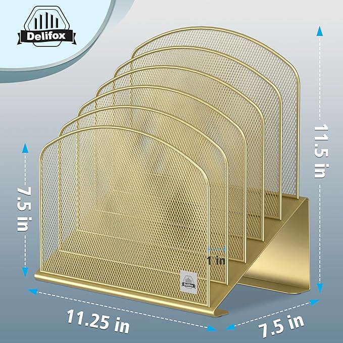 Delifox Inclined Desk File Organizer,Vertical File Folder Holder Stand Metal Rack File Sorter for Office Classroom Desktop Organization (2, Gold, 5)