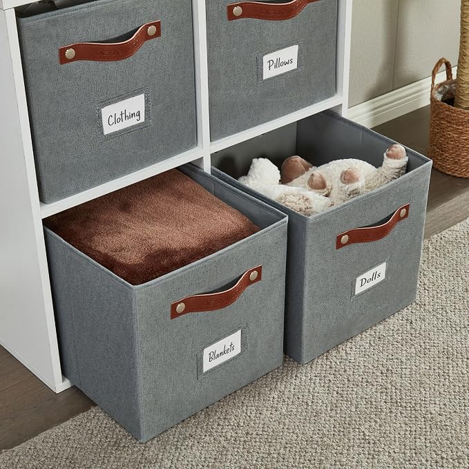 DECOMOMO Storage Bins, Cube Storage Bin with Labels | 10.5" x 11" Fabric Storage Cubes for Shelves (6pcs, Texture Grey)