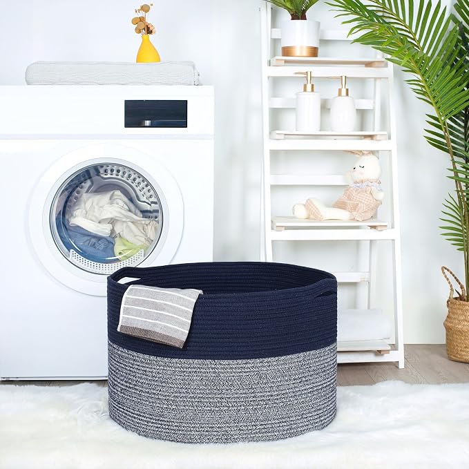 MINTWOOD Design Extra Large 22 x 14 Inches Blanket Storage Basket, Laundry Basket, Decorative Woven Cotton Rope Baskets for Blanket Storage Living Room, Dog Toy Storage Basket Bin, Navy Blue
