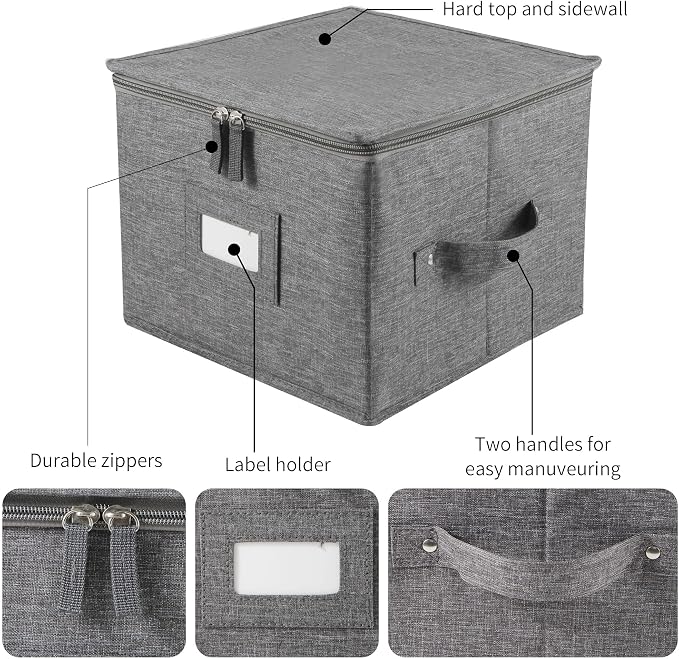 popoly China Storage Containers Hard Shell Inside 10" W x 8" H, Salad Plate Storage Containers for Dishes, Dinnerware with 24 Felt Dividers, Hold 24 Plates, Foldable and Stackable (2 Pack Grey)
