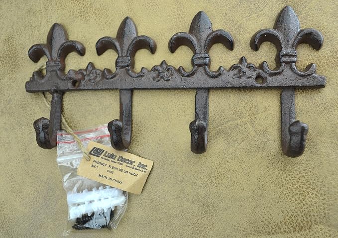 Lulu Decor, Cast Iron Fleur De Lis Key Hook Decorative Wall Hooks Antique cast Iron Hook Vintage Hook Key Holder Key Hook Hanger Wall Mount (Brown)