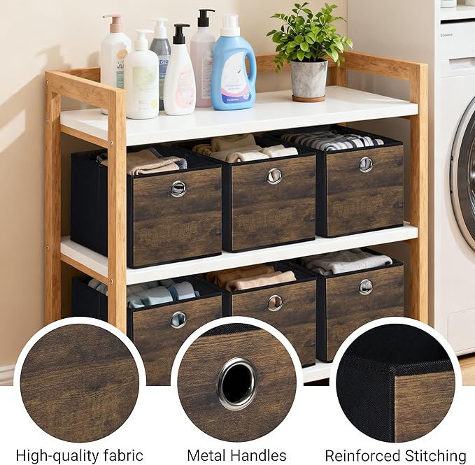 6-Pack Durable Cube Storage Bin with Decorative Wood Grain,Thickened Fabric Storage Basket Space-saving Cubby Boxes for Shelves,Closet,Bedroom,Office,Nursery,Dorm,RV, 12x12x12in (Medium