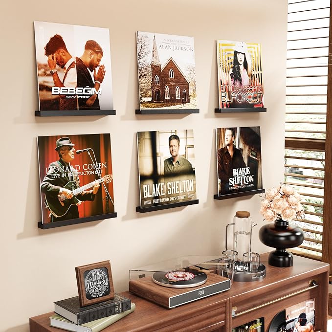 Emfogo Vinyl Record Shelf Wall Mount, 6 Pack Album Record Holder Wall, 12 inch Vinyl Record Storage Shelves Wall, Wood Record Display for Living Room(Black)