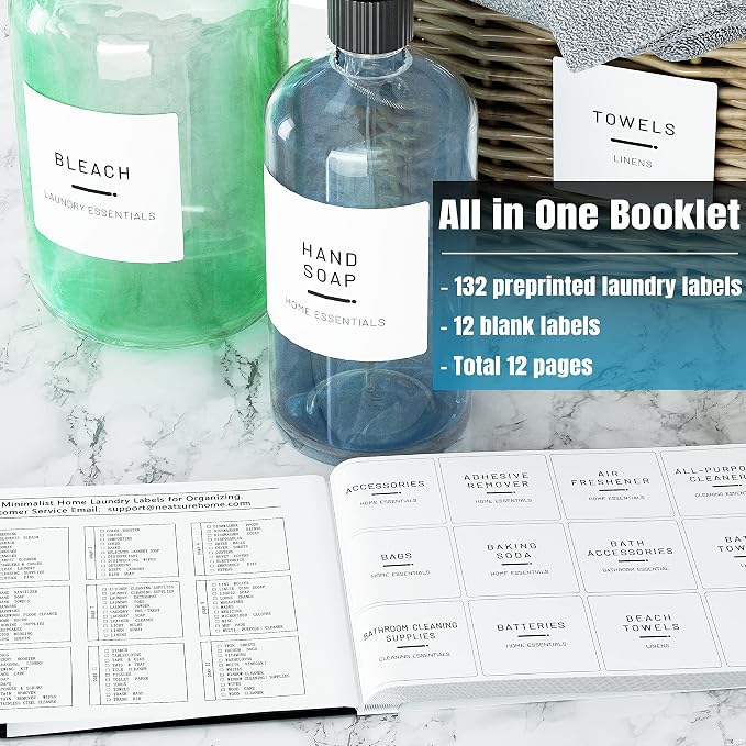 Neatsure 144 Minimalist Laundry Labels for Organizing, Preprinted Stickers Booklet for Jars, Containers and Storage Bins, Cleaning Labels for Laundry Room Organization…