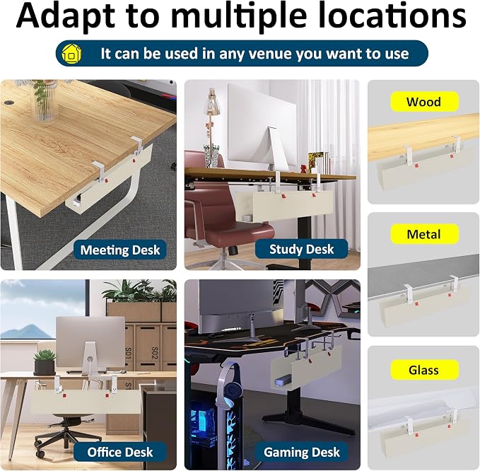 28" Small Under Desk Cable Management Tray No Drill, Compact Clamp On Cord Organizer for Dorm & Small Desk, Anti-Sag Oxford Fabric Wire Hider, Power Strip Holder (Beige, 28.6")