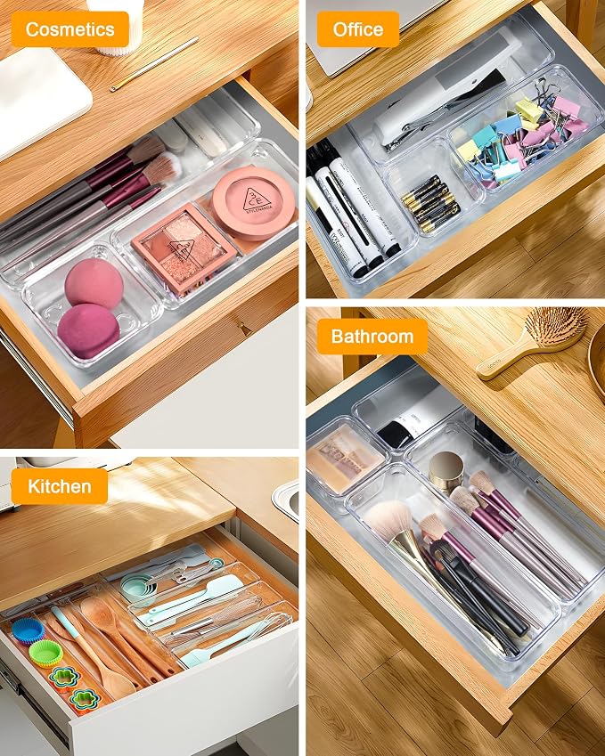 25 PCS Clear Plastic Drawer Organizers and Dividers, 4 Sizes Stackable Drawer Storage Bins and Organizer Trays for Bathroom, Kitchen, Office, Makeup, Vanity, Utensils, and Crafts