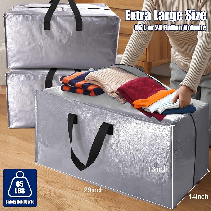 Cosy Family 4 Pack Heavy Duty Extra Large Moving Bags with Backpack Straps - Strong Handles & Zippers, Storage Totes For Space Saving, Fold Flat, Alternative to Moving Box (X-Large-Set of 4, Silver)