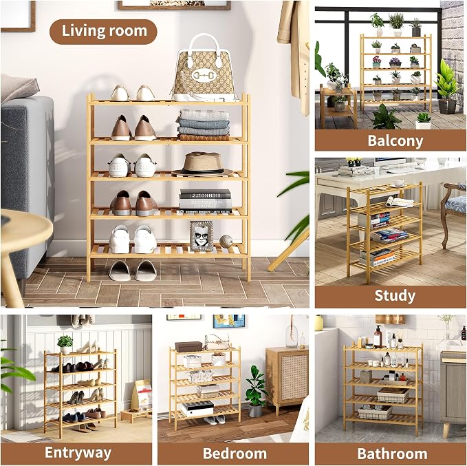 Bamboo Shoe Rack Stackable Storage Organizer for Unit Entryway Hallway and Closet Sturdy Freestanding Shoe Shelf(5 Tier Natural)
