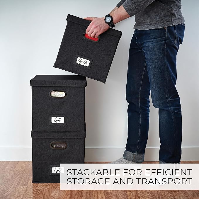ZICOTO Decorative Vinyl Record Storage Box Set for 100+ Single Records - Sturdy and Easy to Carry LP Holder with Lid - The Perfect Storage Crate for Your Valuable Album Collection