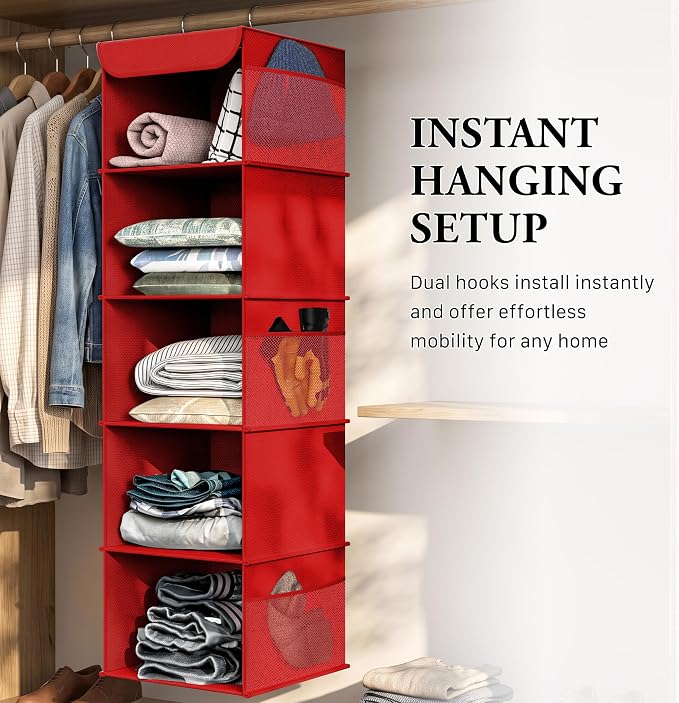Simple Houseware 5 Shelf Hanging Closet Organizer, Red
