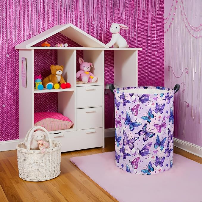 Baby Laundry Basket Baby Hamper for Nursery Girl Kids Butterfly Hamper Cute Kids Storage Bin Organizer Room Decor for Home(Purple Butterfly)