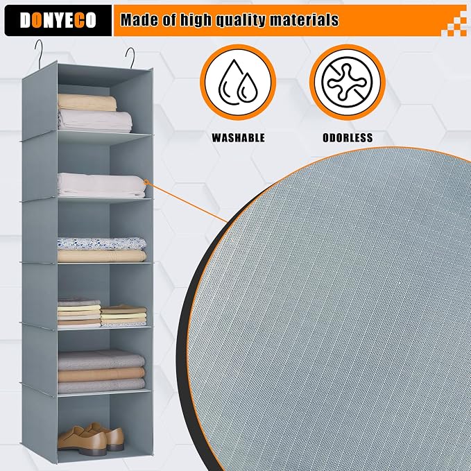 Hanging Closet Organizer 6-Shelf, Oxford Fabric Wardrobe Storage, Gray | Easy-mount foldable design holds clothes, handbags, shoes & accessories; washable Oxford fabric, sturdy and space-saving.