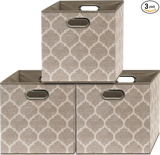 Simple Houseware 13-Inch Collapsible Fabric Cube Storage Bin with Handles, Printed Design, 3 Pack, Beige