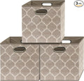 Simple Houseware 13-Inch Collapsible Fabric Cube Storage Bin with Handles, Printed Design, 3 Pack, Beige