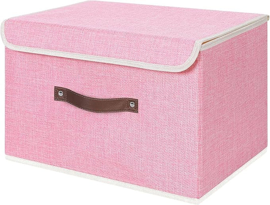 ANMINY Storage Bin with Lid Storage Boxes with PU Leather Handles PP Plastic Board Decorative Foldable Lidded Cotton Linen Fabric Home Cubes Baskets Closet Organizer Container - Pink, Large Size