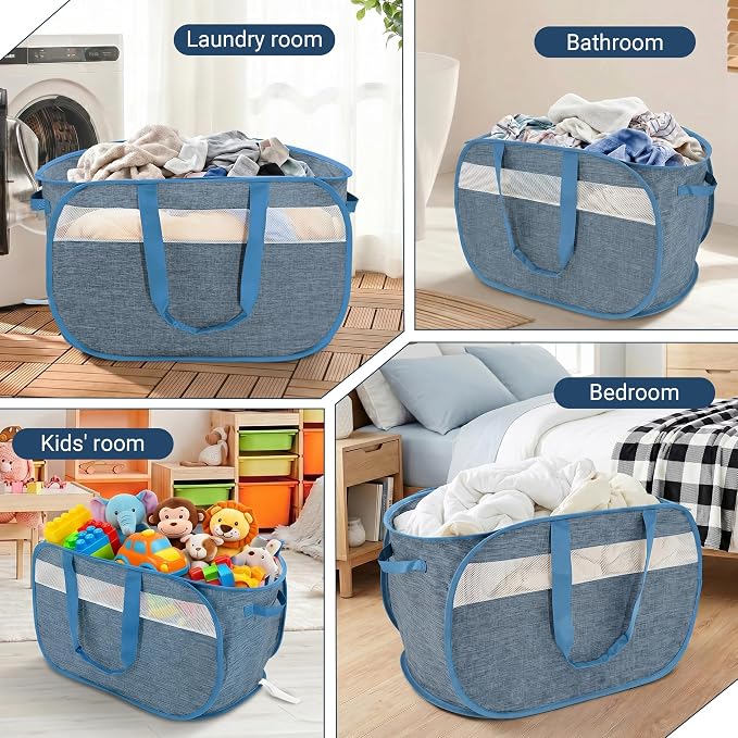 100L Collapsible Laundry Baskets, Foldable Dual Handles Laundry Hamper Blue | Lightweight, Easy to Carry, Up and Downstairs, Tear-Proof, Space-saving, for Laundry Room, Bedroom, Bathroom, Travel, Dorm