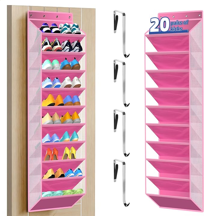 PAULONE 10-Pocket Multi-Use Over the Door Organizer, Heavy Duty 95lbs Capacity with Breathable Mesh, Versatile Hanging Storage for Shoes, Toys, Office Supplies-Classic (Blush Pink, 10-Shelf,)