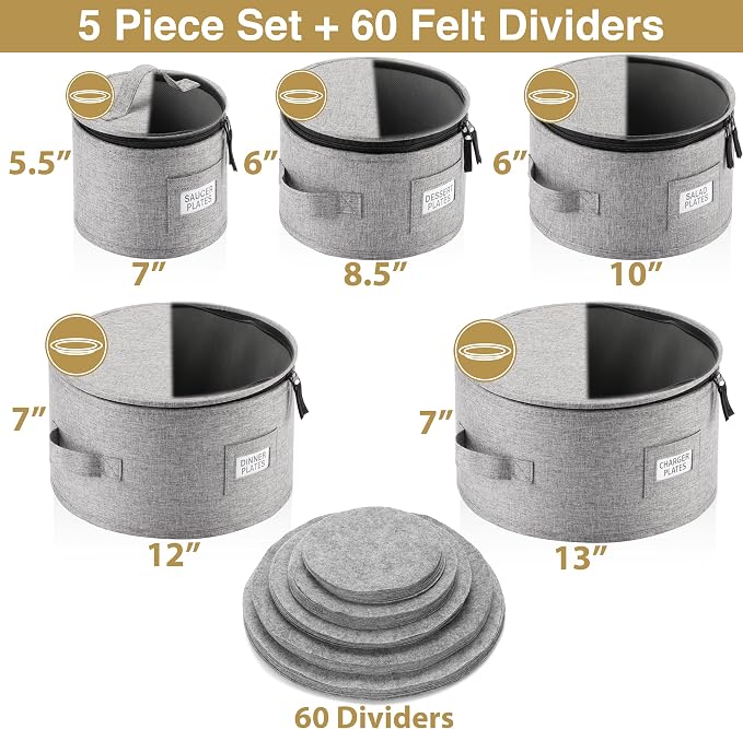 Stack Store Plus More 5PC China Storage Cases for Dinnerware - 13"-12"-10"-8.5" and 7" wide - 60 Plate Separators Included
