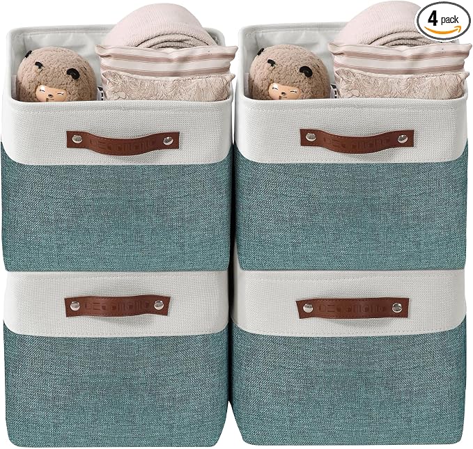 DECOMOMO Storage Bins, Large Fabric Storage Baskets for Shelves, Decorative Linen Closet Organizer, 15 x 11 x 9.5 inches (Green & White, 4 Pack)