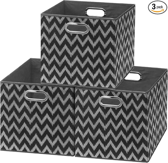 Simple Houseware 13-Inch Collapsible Fabric Cube Storage Bin with Handles, Printed Design, 3 Pack, Black