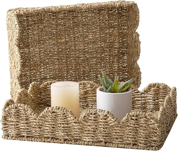 StorageWorks Large Scalloped Basket Trays for decor, Seagrass Wicker Storage Baskets for Shelves, Handwoven Rectangle Bathroom Baskets for Organizing, Shallow Wicker Tray for Ottoman, 2-Pack