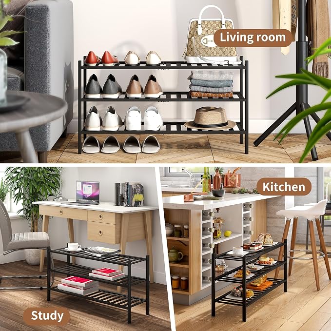 Bamboo Shoe Rack Stackable Shoe Shelf Storage Organizer for Unit Entryway Hallway and Closet Sturdy Freestanding Shoe Shelf(3L Tier Black)