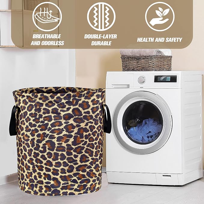 Brown Leopard Laundry Basket Foldable Oxford Cloth Funny Tote Bag Laundry Hamper Clothes Storage Bucket Organizer For Bathroom/Laundry Storage/Bedroom Storage Basket 18.9x16.5 Inch