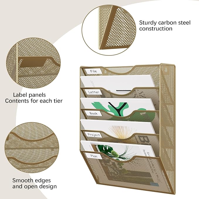 EasyPAG Wall File Organizer 5 Tier Hanging Paper Folder Holder, Zero Assembly Metal Mesh Wall Mounted Mail Organizer for Office Home Classroom Narrow Spaces, Gold