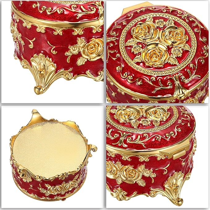 Hipiwe Vintage Metal Jewelry Box - Small Trinket Organizer Ring Box Case with Rose Pattern Jewelry Storage Box for Ring Earrings Necklace, Keepsake Box for Women,Red
