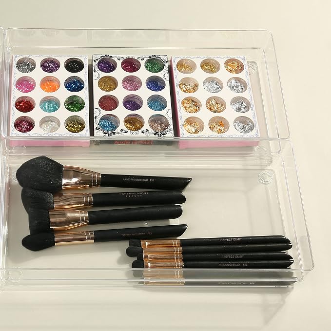LotFancy Clear Plastic Drawer Organizer, 12’’ x 6” x 2’’, Set of 3 Drawer Storage Containers Bins for Dresser Cosmetics Makeup, Stackable