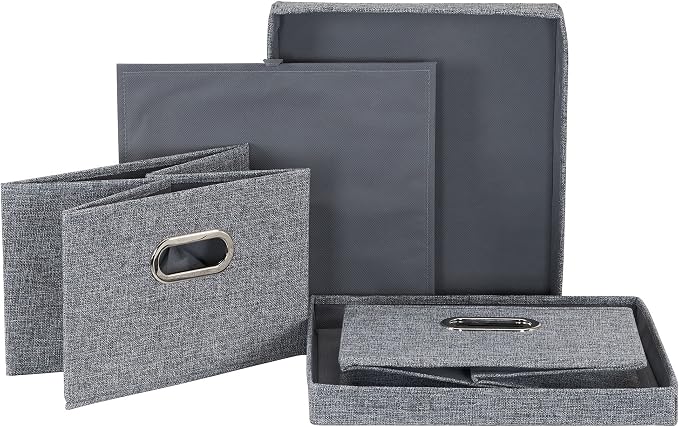 Household Essentials Storage Bin Set with Lids with Textured Linen Look Fabric, Chromed Grommet Handles, Gray Finish, Set of 2