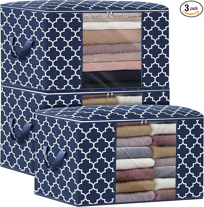 WISELIFE Storage Bags, Large Blanket Clothes Organization and Storage Containers for Bedding, Comforters, Foldable Organizer with Reinforced Handle, Clear Window,Sturdy Zippers,(Blue, 3 x 100L)