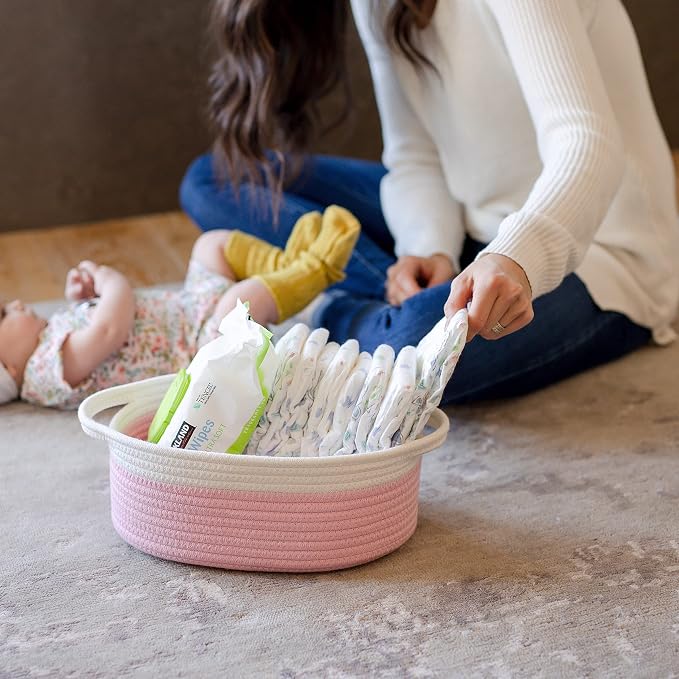 NaturalCozy 3-Piece Oval Storage Basket Set– Cotton Rope Woven Baskets for Storage, Gift Basket Empty, Toy Basket, Soft Baby Basket for Nursery, Cat Dog Toy Baskets, Small Basket (Off White & Pink)