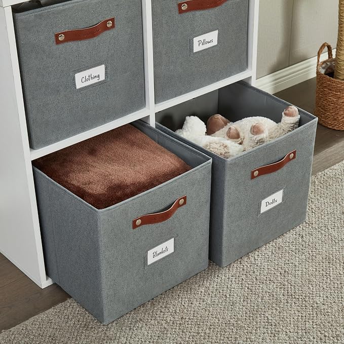 DECOMOMO Storage Bins, Storage Baskets for Shelves | 13" x 15" x 13" Storage Cube Bins with Labels for Organizing Shelves (Kallax, 4pcs, Texture Grey)