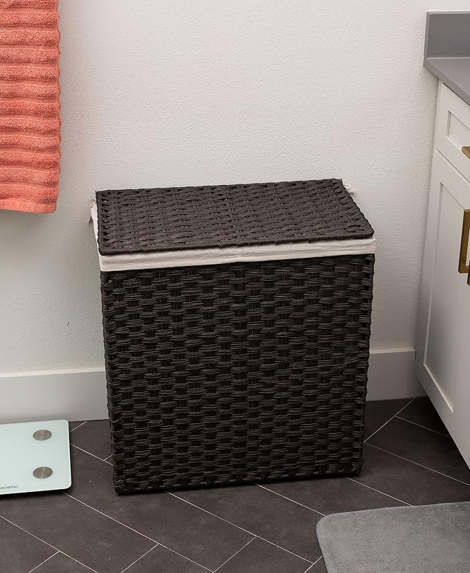 BIRDROCK HOME Divided Laundry Hamper with Lid - Brown - Double Sorter with Liner Bags - Large Collapsible Hampers - Foldable Bin - Synthetic PE Rattan - Hand Woven - Clothes Basket