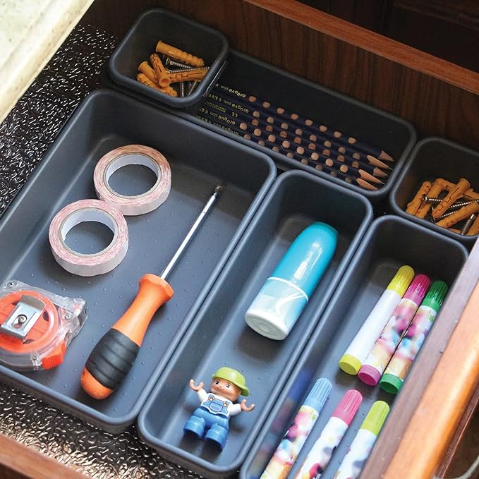 Set of 16 Interlocking Desk Drawer Organizer Tray Dividers Plastic Shallow Narrow Drawers Organizers Separators and Storage Bins Container for Kitchen Bathroom Makeup Office Vanity Bedroom Dresser
