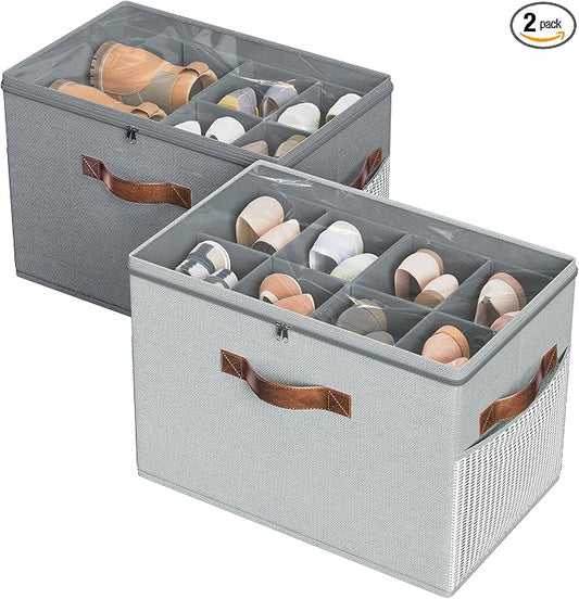 Budding Joy 2 Pack Shoe Organizer for Closet, Clear Foldable Shoe Storage Containers Adjustable Dividers Fits 16 Pairs,Shoe Storage Bins Baskets Boxes with Reinforced Handles Light Grey Greenish Grey