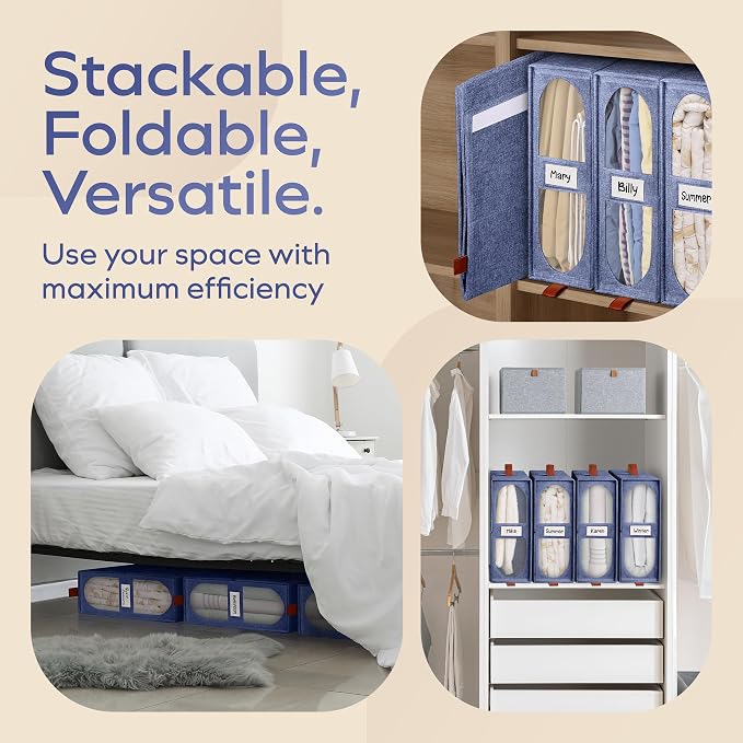 4x Bed Sheet Organizer Storage Boxes with Big See-Through Windows - Bedsheet Organizers Redesigned. Robust Bed Sheet Storage -15x13x5 Inches Sheet Organizers Containers (Denim)
