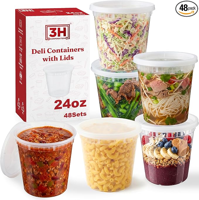 24oz Deli Containers with Lids (48 Set/96 Pcs) Food Storage Containers, Freezer Microwave Safe, BPA-Free Plastic, Stackable Snack Airtight Soup Leakproof Leftover Organizers & To-Go